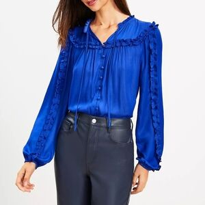 LOFT Ruffle Split Tie Neck Long Sleeves Button Down Top, Medium, Blue